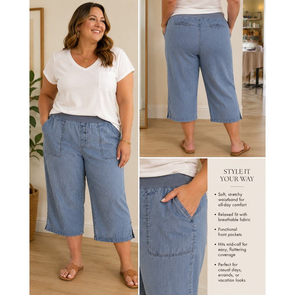 St. John’s Bay Women’s Size 2X Chambray Capri Pants Pull On Lightweight Blue